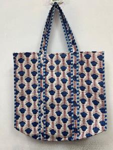 Sac fourre-tout en coton matelassé à imprimé floral bleu, grande capacité, réutilisable, écologique, sac de shopping pour femmes - Product Image 2