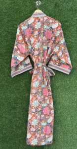 Floral Hand Block Cotton <b>Kimono</b> Women V-Neck Long Robe <b>Beach</b> Cover Resort Wear Lightweight Summer Spring High Quality Lounge - Product Image 4