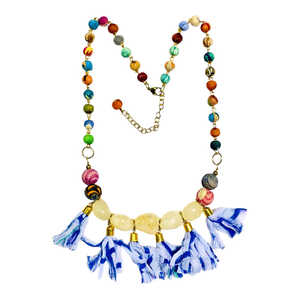Collar Bohemio para Mujer con Dijes de Imitación de Perlas, Dijes de Metal Dorado, Tela Azul Marino con Puntos, Ecológico y Hecho a Mano - Product Image 3
