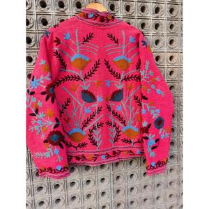 Handmade Embroidered Woolen Jacket For Women Boho Floral Kashmiri Winter Jacket Ethnic Pink Zip Up Coat - Product Image 6