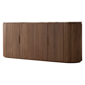 Modern Luxury Dining <b>Sideboard</b> Solid Teak Walnut Finish Marble Top Fluted Door Design Rounded Edge Spacious <b>Storage</b> Eco-Friendly - Product Image 1
