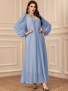 Vestido de Noche Largo para Mujer, Estilo Modesto, Liso, Recto, de Gasa, con Manga Regular, Cuello Transpirable, Ecológico, Cintura Natural, Sencillo - Product Image 2