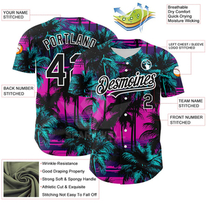 Maillot de baseball/softball personnalisé à imprimé dégradé de palmiers, unisexe pour adultes, manches courtes, sublimé, boutonné sur le devant, respirant, en polyester - Product Image 3