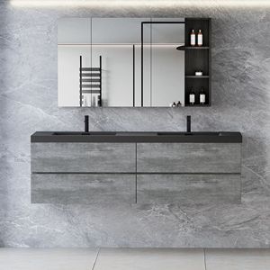 Mobile bagno moderno sospeso da 60 pollici con doppio lavabo in quarzo nero e mobiletto contenitore a parete - Product Image 1