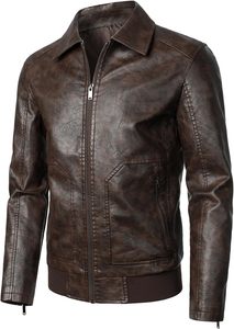 <b>Men</b> Brown PU <b>Leather</b> Moto Biker <b>Jacket</b> Zipper Front Turn-down Collar Slim Fit Regular Sleeve Solid Color Autumn Style - Product Image 2