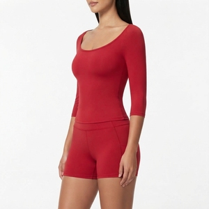 Wholesale Custom Logo Soft <b>Long</b> <b>Sleeve</b> <b>Crop</b> Top Shorts Yoga Active Wear Sets Women Seamless Gym Fitness Sets - Product Image 3