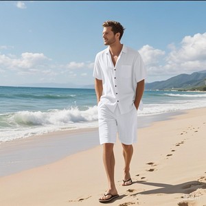 American-style Summer Suit Men's Short-sleeved Short Pants Linen Beach Casual Short-sleeved Shirt <b>Set</b> - Product Image 3