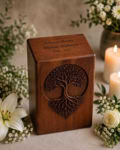 Boîte à souvenirs religieuse en bois de rose indien gravé Arbre de Vie, forme rectangulaire, décoration artisanale pour table de maison - Product Image 1