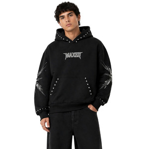 Custom DTG Print Graphic Hoodies Rivet <b>Studs</b> Rhinestone 100% Cotton Heavyweight Boxy Fit Pullover OEM Factory Fleece Streetwear - Product Image 5