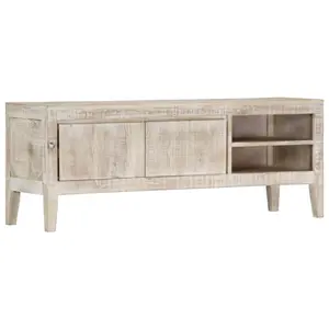 Antique White Distressed Finish Vintage Solid Mango Wooden TV Stand Media Console Cabinet Unit With Two Doors And Open Shelves