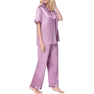 Conjunto de pijama de satén de seda para mujer, manga larga, cuello con solapa, botones, pantalones anchos en oferta - Product Image 2
