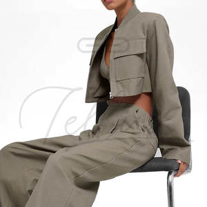 Blouson bomber court zippé pour femme, couleur unique et tendance, vente en gros de vêtements pour femmes - Product Image 5