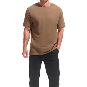 เสื้อยืดแขนสั้นคอกลมสีกาแฟสำหรับผู้ชาย ผ้าถักเนื้อนุ่ม สวมใส่สบาย ระบายอากาศได้ดี ทรงปกติ - Product Image 1