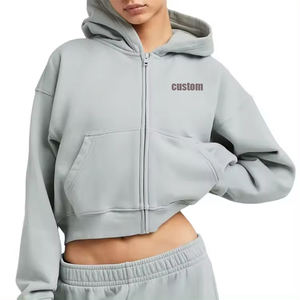 Conjunto de sudaderas de alta calidad, estilo más reciente, hombros caídos, OEM, sudadera con capucha para mujer, corte casual, forro polar de algodón, top corto con cremallera. - Product Image 1