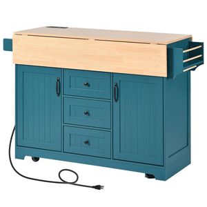 K K 55.7 Large <b>Kitchen</b> Island with 2 Drop Leaf Rolling <b>Kitchen</b> Cart on 5 Wheels Power Outlet <b>Folding</b> Storage Dining <b>Table</b> - Product Image 3
