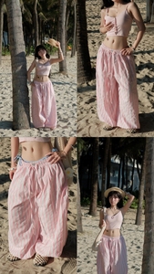 New Fashion Women Summer Wide Leg Striped Pants Regular Fit Elastic Waist Casual Harem <b>Trousers</b> - Product Image 2