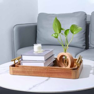 Premium Acacia Wood Tray Rectangular Wooden Serving Tray with Metal Handles for <b>Breakfast</b> Coffee Tea Food Home Decoration - Product Image 5