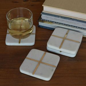 <b>Square</b> Marble Coaster <b>Set</b> With Gold Inlay Non Slip Drink Mat Modern Table Accessory - Product Image 3