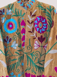 Hand Embroidered Floral Velvet Jacket Mandarin Collar Full Sleeve Plus Size Women'<b>s</b> Autumn Coat Prairie Chic Style - Product Image 4