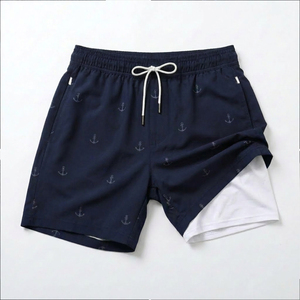 Shorts de bain décontractés pour hommes, séchage rapide, avec doublure intérieure en maille, imperméables, 100 % coton, anti-UV, fermeture à cordon, imprimé ancre noire, vente en gros - Product Image 1