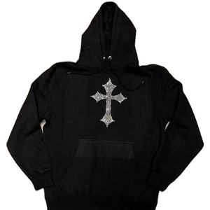 Black Custom Sparkle Crystal Rhine Stone 3D Embroidery Breathable Logo <b>Men's</b> <b>Thermal</b> Hoodie 100% Cotton - Product Image 1