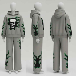 Conjunto Deportivo Y2K Personalizado para Hombre, Sudadera Gris de Felpa Gruesa con Bordado de Calavera y Llamas, Pantalones Acampanados, Venta al Por Mayor Glory - Product Image 1