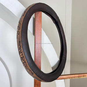 Couvre-volant à quatre roues en cuir de vache véritable Floral usiné à la main et antidérapant universel pour voiture SUV Truck Interior Accessory - Product Image 4