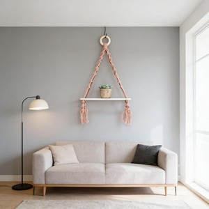 Boho Style Set Of 2 Macrame Wall Hanging Shelves With Wooden Base Ideal For Bedroom Candle Display And Lighting Decor From India - Product Image 4