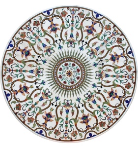 Plateau de table basse en marbre blanc avec incrustation florale, fait main, Pietra Dura, meuble de salon durable - Product Image 2