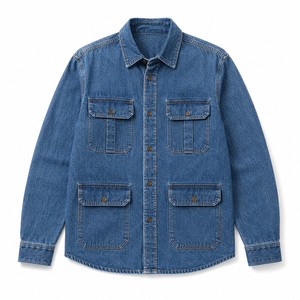 Chemise utilitaire en denim délavé 100% coton pour homme, multi-poches, vêtements de travail, surchemise à manches longues, streetwear décontracté, automne - Product Image 6