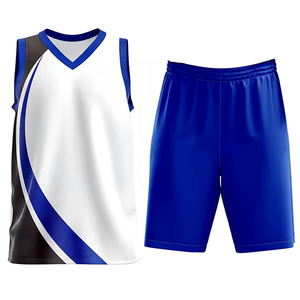 Conjunto de Camiseta de Baloncesto para Hombre, Blanca, Azul y Negra, sin Mangas, Cuello en V, Diseño de Bloques de Color - Product Image 1