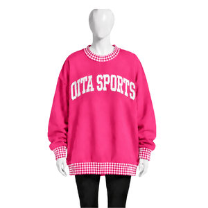 เสื้อสเวตเชิ้ตคอกลมโอเวอร์ไซส์สีชมพูสดสำหรับผู้ชาย แต่งขอบลายตารางกิงแฮม แขนยาว พิมพ์ลายกราฟิก สไตล์ลำลอง สตรีทแวร์ แฟชั่นท็อป - Product Image 1