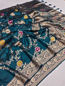 Sari de Seda Banarasi Color Verde Azulado con Tejido Zari, Diseño Meenakari, Pallu Largo, Ropa Tradicional India para Bodas - Product Image 2
