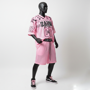 Ensemble short et maillot de basket-ball pour homme, haute qualité, 180 GSM, maille légère rose et noire, logo personnalisé imprimé, pour hommes - Product Image 3