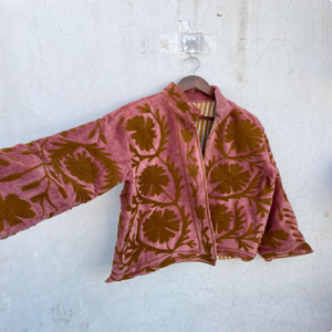 Artisan Floral Suzani Velvet Winter Breathable Cotton <b>Womens</b> Jacket Hand Embroidered Bohemian Detailing Elegant Vintage Inspired - Product Image 3