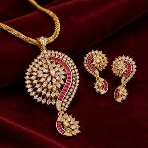 LISAJEWELLERS Ensemble Collier et Boucles d'Oreilles en Laiton Rouge Rubis Royal Motif Paisley Plaqué Or Zircon Bijoux de Mariage et de Fête pour Femme Classique - Product Image 5