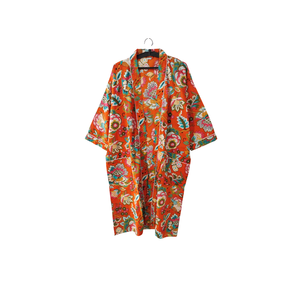 Kimono de Algodón con Estampado Floral Naranja Hecho a Mano |   Bata Larga Estampada a Mano para Mujer |   Ropa de resort premium de manga larga con cuello en V - Product Image 1