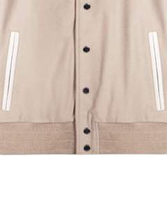 <b>Mens</b> Varsity <b>Jacket</b> Beige Wool Body <b>White</b> Front Embroidery Stand Collar Horn Button Waterproof College Bomber <b>Jacket</b> - Product Image 5