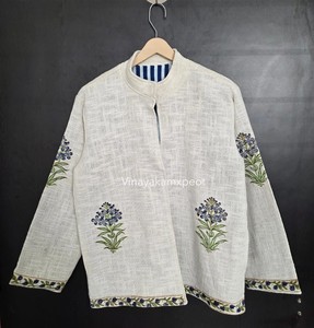 Veste matelassée artisanale en coton et lin velours beige, broderie florale à la main, écologique, respirante, légère, longue, pour l'hiver - Product Image 2