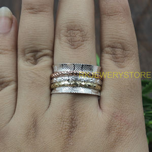 Handmade Spinner <b>Ring</b> 295 Silver Brass Copper Wide Band Meditation <b>Ring</b> Textured Pattern <b>Statement</b> Jewelry Gift for Women Unisex - Product Image 2