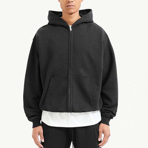 Nouveau sweat à capuche noir zippé de qualité supérieure, 100 % coton molletonné, coupe oversize décontractée, idéal pour l'automne, couleur unie, épaules tombantes - Product Image 1