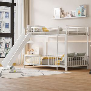 Lit superposé en métal blanc pour enfants, taille double, avec glissière et barrières de sécurité - Product Image 1