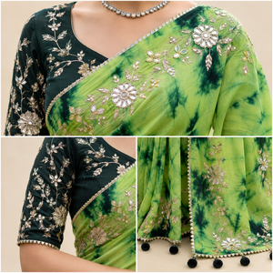 Sari en soie Upada vert tie-dye vintage, longueur ras du sol, infroissable, protection solaire, broderie miroir, pour femme, tenue de soirée indienne - Product Image 5