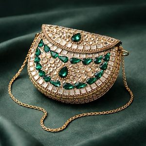 UnfoldSelf Luxury Green Stone Embellished <b>Gold</b> Clutch Bag | Designer Mirror Work Bridal Handbag with Chain Strap only for Women - Product Image 2