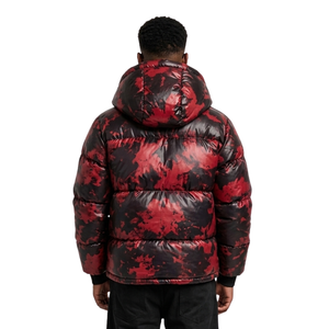 Patterned Crimson <b>Red</b> Hooded Mens Puffer <b>Jacket</b> Swirl Print Heavy Quilted Ultra Durable Nylon Rib Cuffed Bubble <b>Jackets</b> - Product Image 2