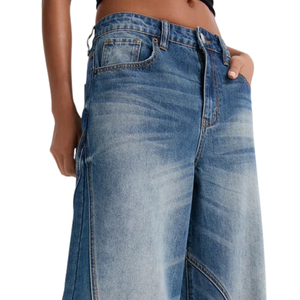 Jean en denim délavé vintage pour femme, coupe mi-large, respirant, décontracté, ample, longueur intégrale, bleu délavé, coupe droite, pantalon tendance - Product Image 3