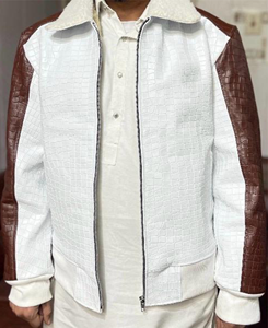 Veste pour homme en cuir de vachette gaufré et plaqué, col montant, logo frontal, pour l'hiver - Product Image 1