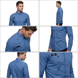 เสื้อเชิ้ตผู้ชายลำลองทรงเข้ารูป แขนยาว ผลิตตามแบบ OEM เป็นมิตรกับสิ่งแวดล้อม ระบายอากาศได้ดี ดีไซน์หรูหรา กระดุมด้านข้าง เหมาะสำหรับธุรกิจ งานสังสรรค์ และงานปาร์ตี้ - Product Image 5