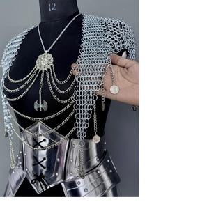 Armadura Medieval Antigua Femenina con Cota de Malla |   Placa de pecho de acero plateado con diseño redondo en relieve para cosplay SCA - Product Image 5