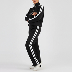 Survêtement zippé pour femme en coton 100% avec bandes latérales de couleur unie, broderies et strass, style streetwear, collection hiver, vente chaude 2 - Product Image 3